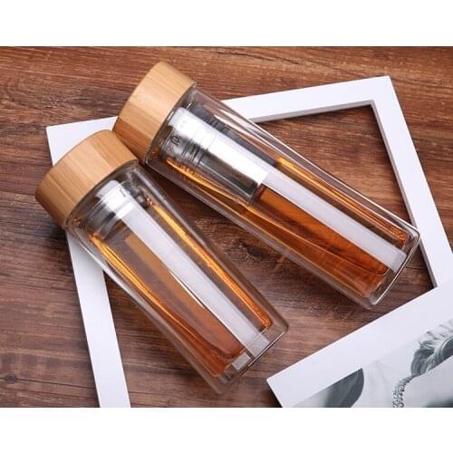 350ml 450ml Double Wall Glass Tea Cup with Bamboo Lid Water Bottle with Tea Infuser W9238