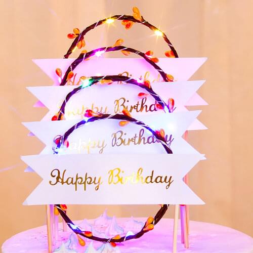 Happy Birthday LED Wreath Cake Topper Dessert Light Cake Decoration Baby Shower Party Lovely Decor Gifts