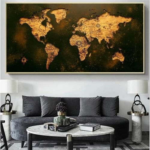 Vintage Golden World Map Poster HD Printable Vintage Map Canvas Paintings Wall Art Picture for Living Room Decoration Cuadros