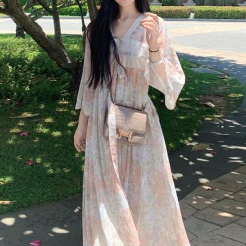 Vintage Midi Dress Women Floral Printing Chiffon Elegant Fairy Dresses 2021 Autumn Korean One-piece Dress Temperament Dress