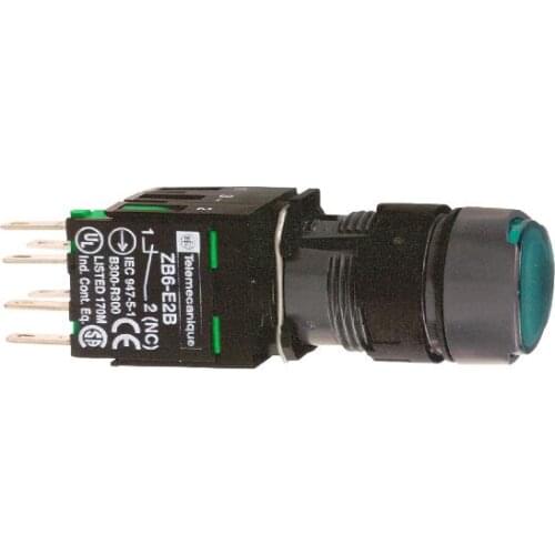 XB6AF3B1B Green flush complete illum pushbutton Ø16 latching 1NO 12...24V