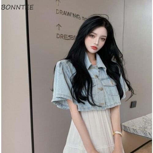 Women Sets Fashion Denim Pocket Crops Ankle Length Thin Solid Ruffles Skirts Gentle Girlish A-line 2 Pieces Ulzzang Leisure Ins