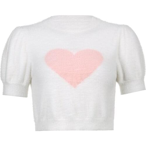 Women Loose Style T-shirt, White Heart Printed Pattern Round Collar Short Sleeve Crop Tops