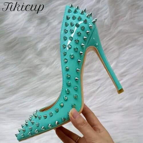 Tikicup Glossy Mint Green Women Pointy Toe High Heel Shoes with Silver Spikes Sexy Ladies Rivets Stiletto Pumps Size 33 43 44 45