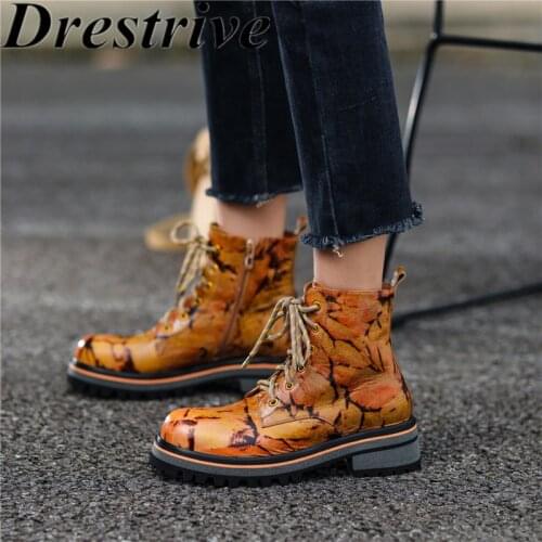 Drestrive Full Genuine Leather Round Toe Print Platform Thick Low Heels Mixed Colors Zipper Lace Up Blue Women Ankle Boots