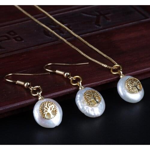 Tiny gold tree of life charm beads natural freshwater pearl dangle earring choker necklace jewelry sets for women daily jewels