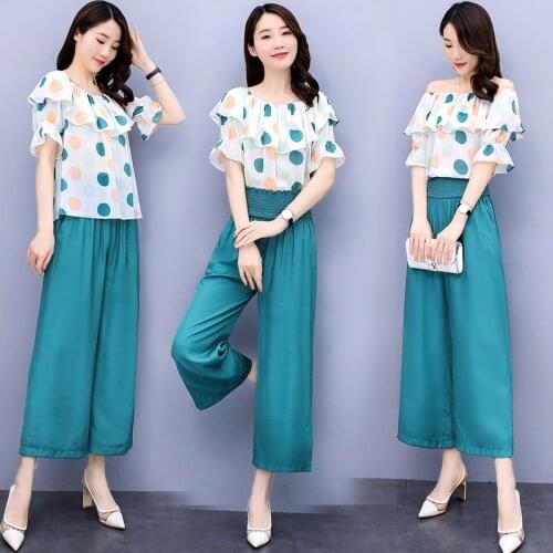 2021 Summer Women Two Pieces Suits Lady elastic Slash Neck Dot Chiffon Tops Shirt+Wide Leg Pants Trousers Sets