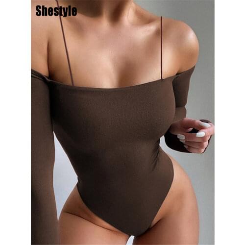 Shestyle Slash Neck Off Shoulder Brown Bodysuits Women Long Sleeve Backless Spaghetti Strap Solid Skinny Sexy Texture Body Tops