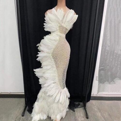 Evening Party Singer Model Catwalk Long Dress Sexy Mesh Transparent Red White Feather Pearl Rhinestones Outfit Bar Stage Costume