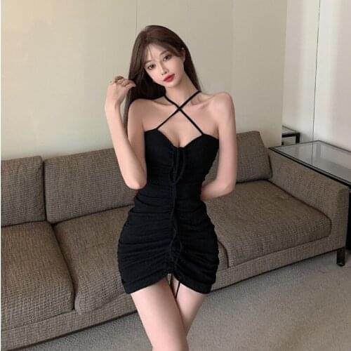 WOMENGAGA Korean Fashion Halter Sleeveless Chest Wrapping Mini Dress Summer Drawstring Package Hip Sexy Dresses Women 9GAM