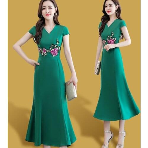 Summer Women Dress Long Short Sleeve V-neck Chiffon Embroidery Fishtail Vestido De Festa Vintage Sukienka Ropa Mujer 8956