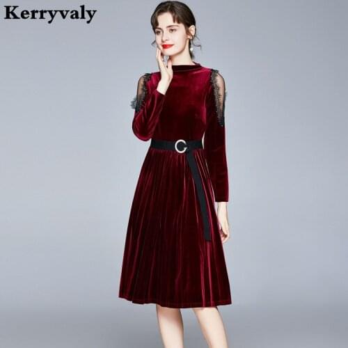 Winter Mesh Stitching Long Sleeve Velvet Red Dress Women Long Sleeve Midi Party Christmas Dress Robe Femme Sukienka K8633