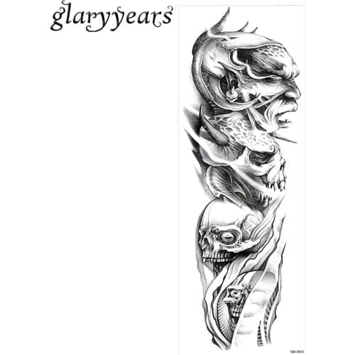 1 Piece Full Arm Tattoo Sticker Temporary Devil Skull Pattern Water Transfer Unisex for Leg Body Art Fake Tattoo Sticker QB-3053