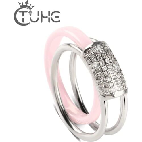 2pcs/Set Detachable Women Rings CZ Crystal Silver Color Pink Ceramic Rings Hollow Design Rhinestone Ring Jewelry For Women