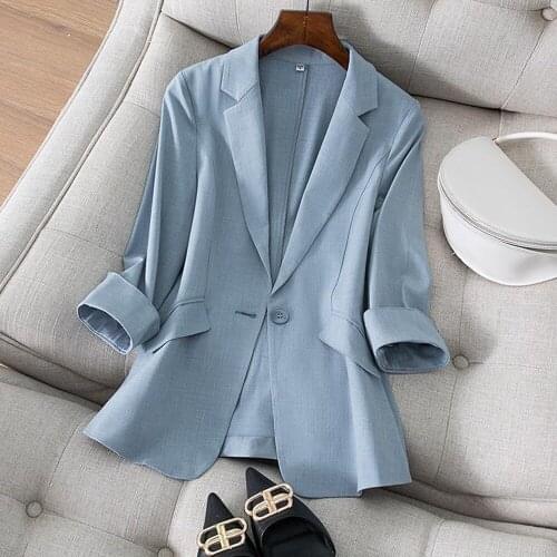 2021 Spring Autumn Blazers Women Casual Three Quarter Sleeve Jackets Slim Fit Female Light Sky Blue Office Lady Suit Blazer