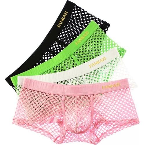4PCS/Lots Mens Boxer Shorts Mesh Transparent Gay Panties Lingerie Fishnet Underwear Cuecas Calzones Hombre Boxershorts Bikini