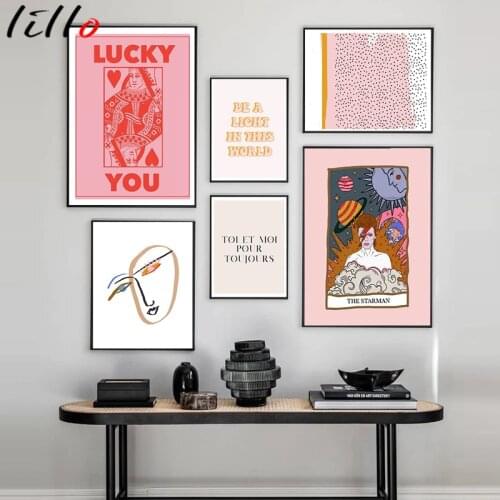 Nordic abstract poster line face canvas painting wall art pink style letter luck you photos for living room decorative modern