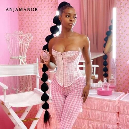 ANJAMANOR Pink Purple Houndstooth Print Corset Crop Top and Pants 2 Piece Sets Womens Club Outfits Matching Sets D15-BI32