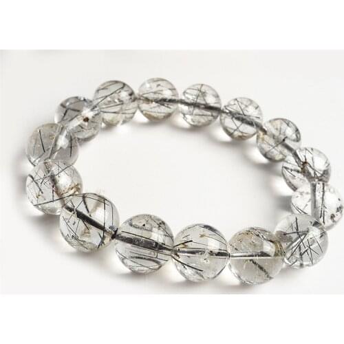 Black Natural Rutilated Quartz Bracelets Women Men 11.5mm Clear Stretch Crystal Round Bead Bracelet Drop Shipping