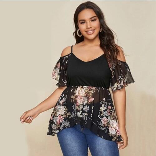DOIB Plus Size Black T-shirt Floral Patchwork Butterfly Sleeve Irregular Hem Large Size T-shirt 2020 Fashion Tees