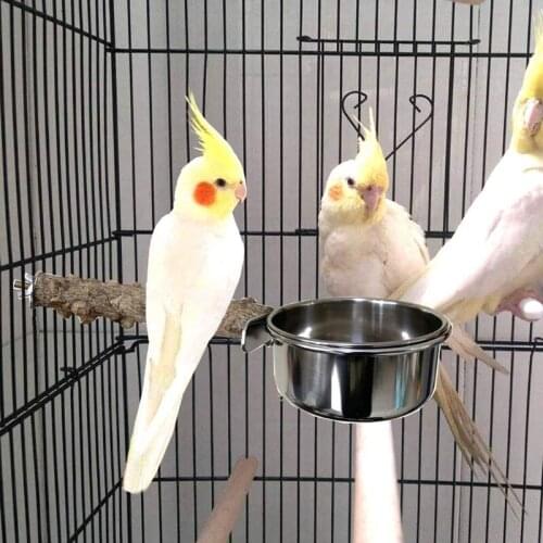 C90D Parrot Bird Cage Perch Natural Wooden Stand Stick with Stainless Steel Food Dishes Bowl Feeder Cup for Parakeet Cockatiels