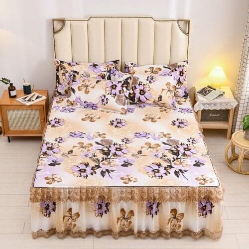3pcs Set Thicken Soft Sanding Bed Skirt King Queen Size Lace Bedspread Anti-slip Bed Cover 1pc Bed Skirt 2pcs Pillowcase