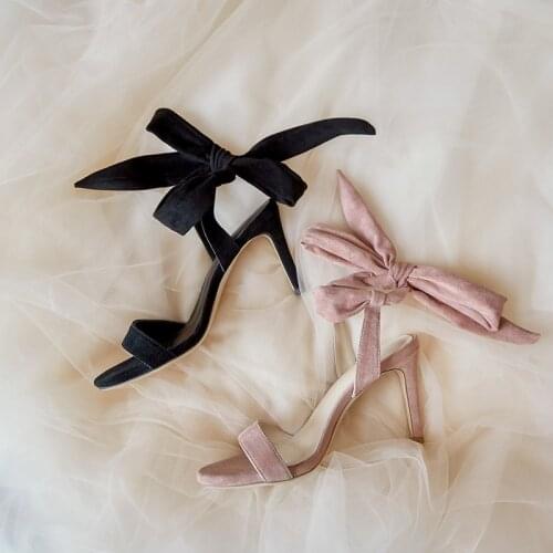 Summer Pink Black Suede Leather Sandals Ladies Lace Up Bowtie One Strap Shoes Elegant Open Toe Party Oufit Gladiator Heels