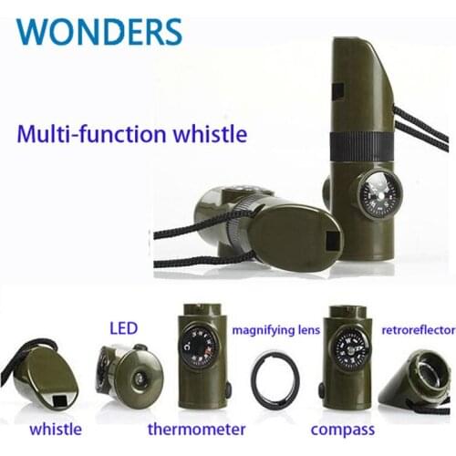 New 7 In 1 Military Survival Whistle Multi-function Emergency Life Saving Tool Camping Hiking Accessory flashlight with Compass