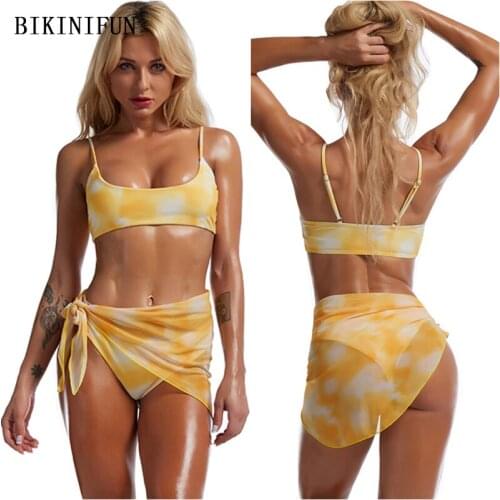 2021 New Sexy Tied Dye Swimsuit Women Scoop Neck Beachwear Backless Bathing Suit S-2XL Girl Cover Up Swimwear 3 Piece Bikini Set
