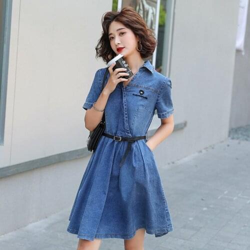 New Summer Style Women Dresses Casual Turn-Down Collar Collect Waist Slim Solid Pockets Jeans Dress For Females Denim One-Piece