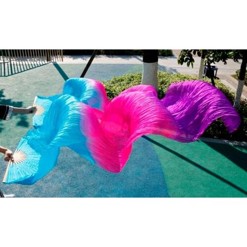 2016 new fashion 180 cm long belly dance silk veil with a Fan100% silk veils fans turquoise + rose + purple