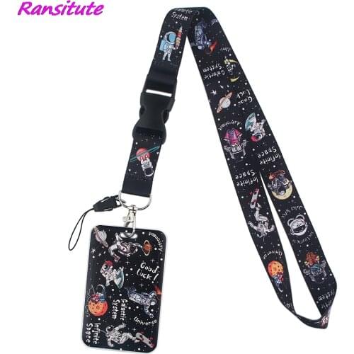 Ransitute R1767 Space Planet Astronaut Lanyard Card Holder Student Hanging Neck Phone Lanyard Badge Subway Access Card Holder