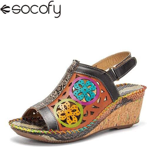 Socofy Bohemian Ethnic Floral Pattern Genuine Leather Snakeskin Hollow Out Wedges Hook Loop Sandals Retro Women Shoes