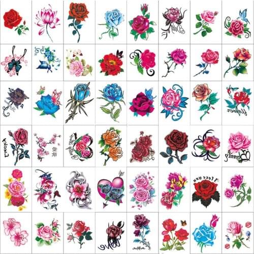 50pcs Colorful Rose Flower Butterfly Temporary Tattoos for Women Girls Waterproof Arm Wrist Hands Sexy Fake Tatto Stickers Tatoo