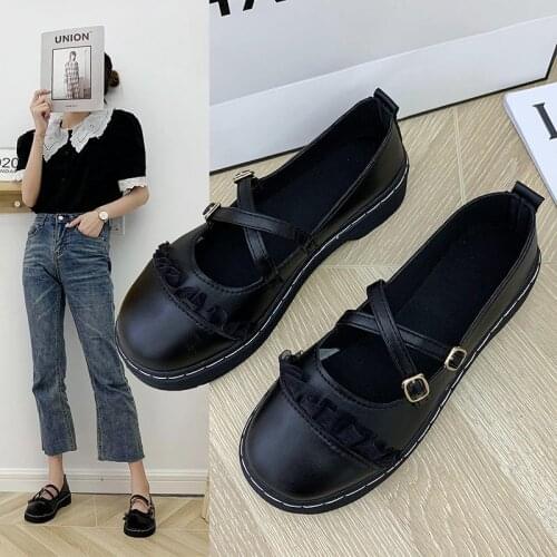 Spring Autumn Lolita Shoes Double Buckle Mary Janes Shoes Women Flats Lace Girls Shoes Black Slip on Shoes zapatos mujer 8360G