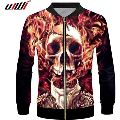 UJWI 2019 Spring Fall Hip Hop Grunge 3d Cool Man Printing Flame Skull Jacket Zipper Outwear Streetwear Long Sleeve Top Coat
