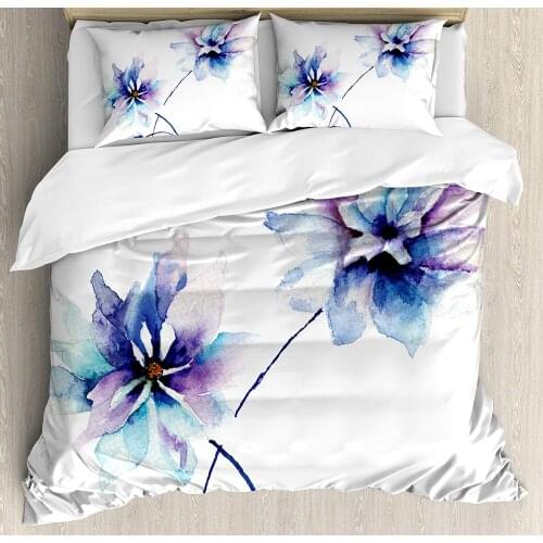 Watercolor Flower Duvet Cover Set Flower Drawing with Soft Spring Colors Retro Style Floral Artwork Decorative 3 Piece Bedding