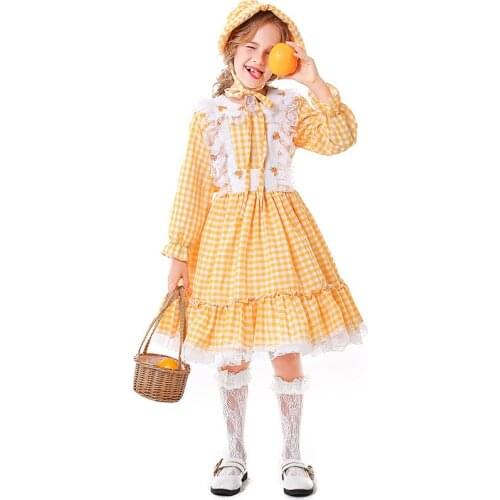 Yellow Grid Girls Spring Outing Cosplay Kids Children Halloween Maid Costumes Carnival Purim Parade Stage Role Play Party Dress