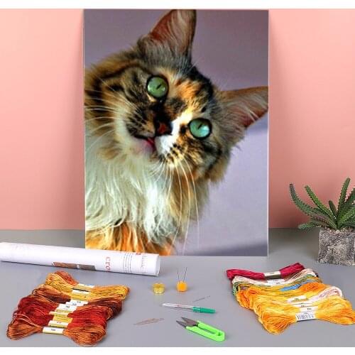 Animal Cat Printed Water-Soluble Canvas 11CT Cross-Stitch Complete Kit Embroidery DMC Threads Sewing Knitting Counted