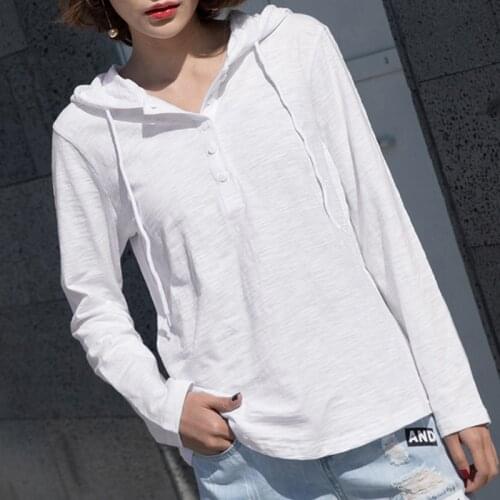 Bamboo Cotton Women T-Shirts 2021 Summer New V-Neck Hooded Solid Slim Sexy Loose Office Lady Casual Outwear Tops
