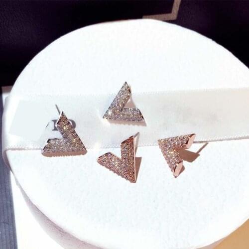 Full Zircon letter V shape earrings female simple wild Korean earrings personality earrings net red jewelry