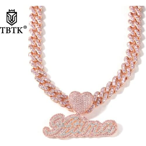 TBTK Custom Name Necklace Bubble Letter With Lovely Heart Clasp Iced Out White Pink CZ Pendant Tennis Chain Hiphop Jewelry