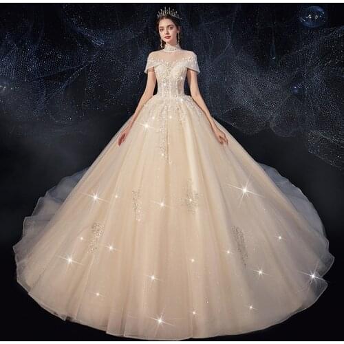 Vestido De Novia High Neck Ball Gown Wedding Dress Beading Appliques Abito Da Sposa Princess Gelinlik Lace Up Back Trouwjurk