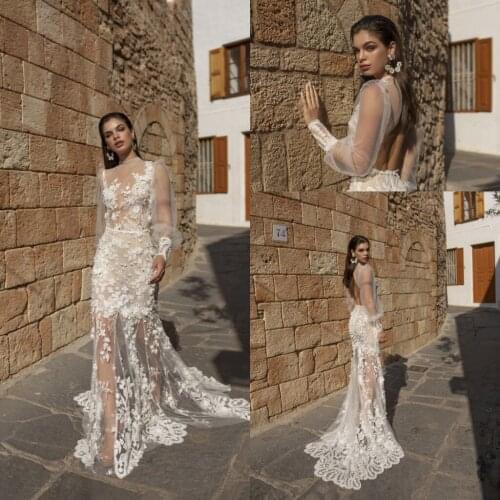 2021 Mermaid Long Sleeve Wedding Dresses Bridal Gowns High Neck Lace Appliques Tulle Illusion Robe de mariee