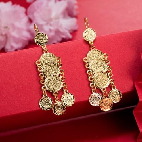 Dubai Coin Gold Color Earrings 24K For Women Wedding Jewelry Womens Earrings For Girls Bridal Wife Gifts African Dubai French
