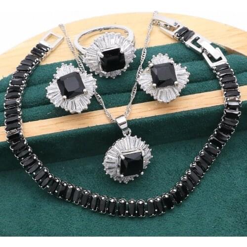 2021 Geometric Black White Stones Silver Jewelry Set for Women Bracelet Stud Earrings Necklace pendant Ring
