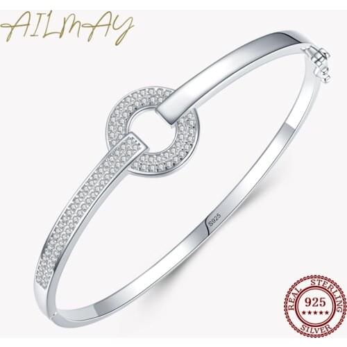 Ailmay Real 925 Sterling Silver Simple Round Clear CZ Finger Bracelets For Women Classic Luxury Wedding Accessories Jewelry GIFT
