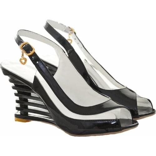 Fashion Hollow Wedge Heel Womens Sandals High Heels 40 Large Size Fish Mouth Shoes Transparent Bright Leather Womens Shoes