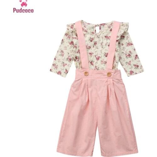 1-5 Year Toddler Kids Children 2 Pieces Clothes Set Baby Girls Floral T-shirt Tops+Pink Overalls Wide Leg Pants Outfits