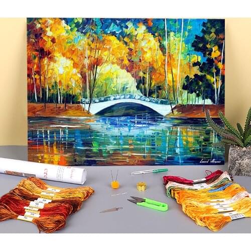 Bridge View Printed Canvas 11CT Cross Stitch Kit Embroidery DMC Threads Sewing Handicraft Handmade Knitting Sales Home Counted